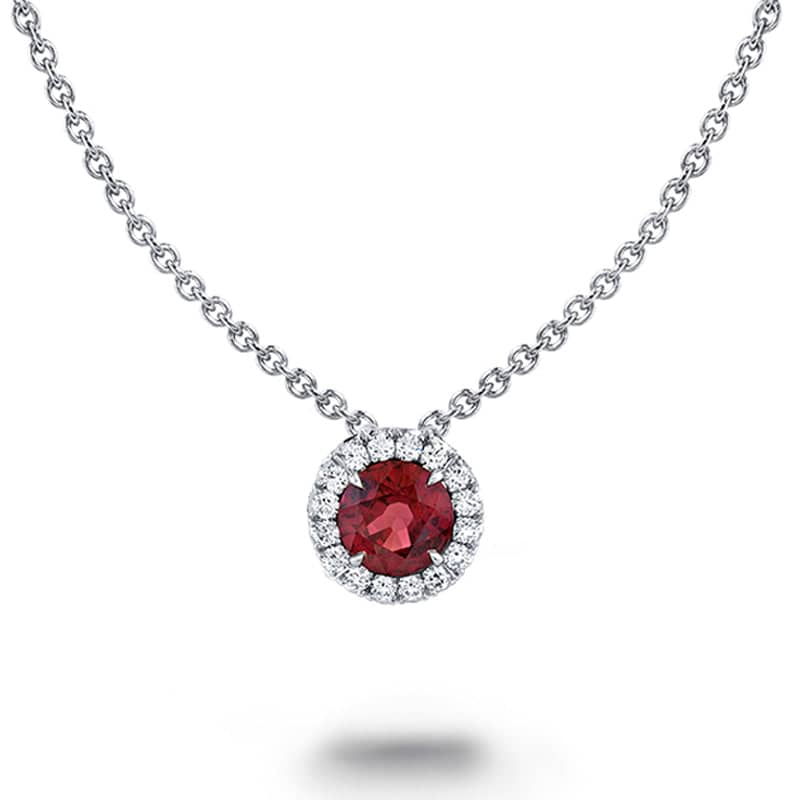 Platinum Ruby and Diamond Halo Pendant Necklace