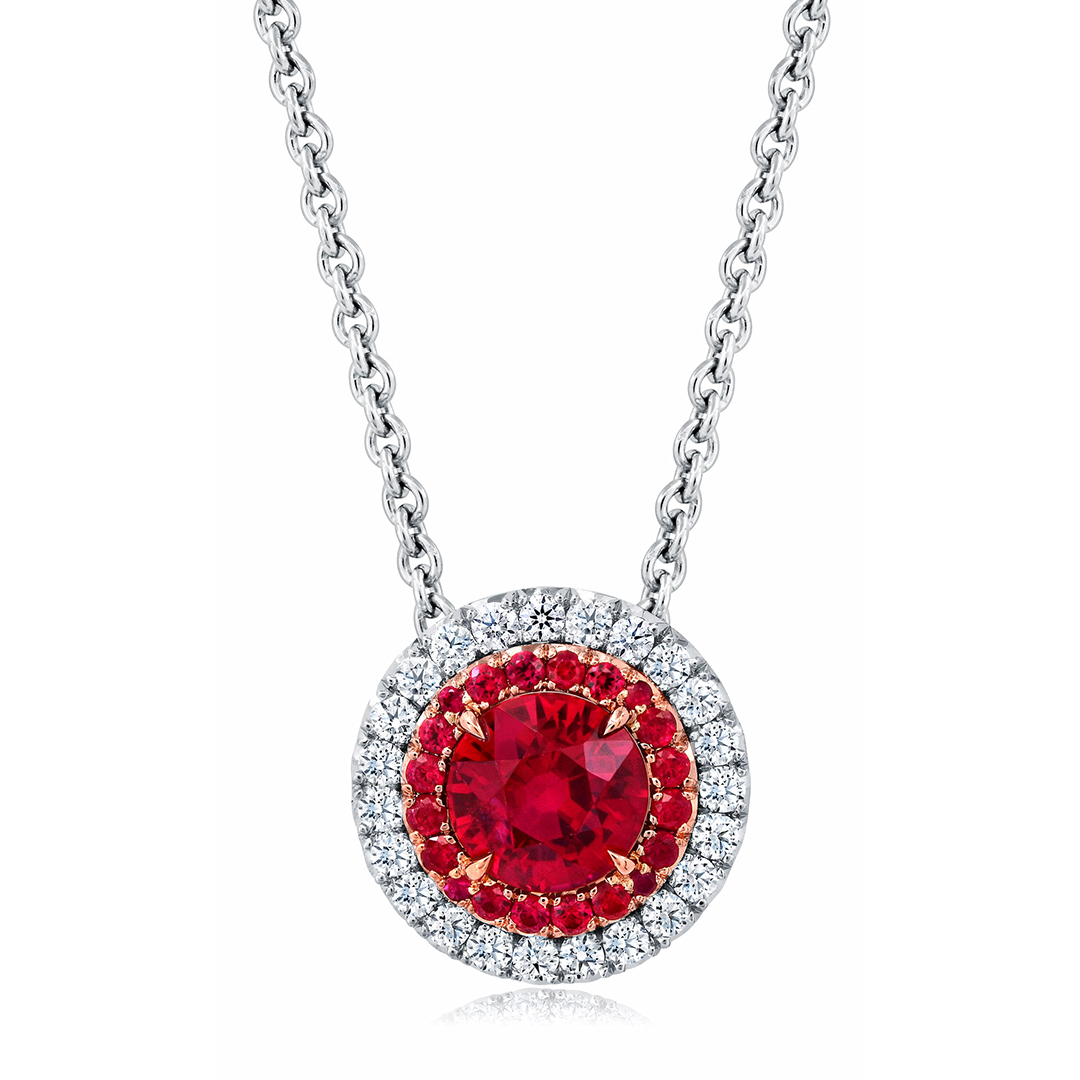 Platinum and 18K Rose Gold Ruby and Diamond Halo Pendant Necklace