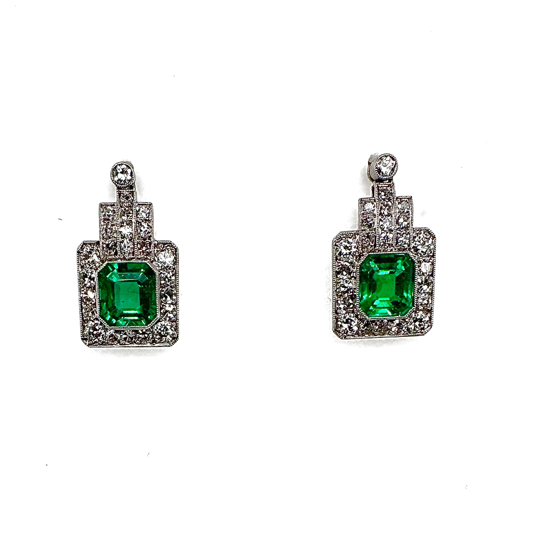 Platinum Diamond and Emerald Dangle Estate Earrings - 1 OF A KIND 37