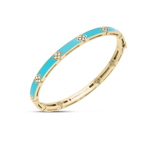 18K YELLOW GOLD LOVE IN VERONA DIAMOND AND CYAN ENAMEL BANGLE