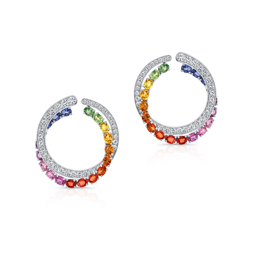 Robert Procop 18K White Gold American Glamour Sapphire Diamond and Ruby Hoop Earrings