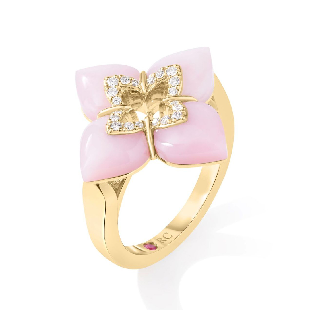 Roberto Coin 18K Yellow Gold Pink Opal and Diamond Flower Ring