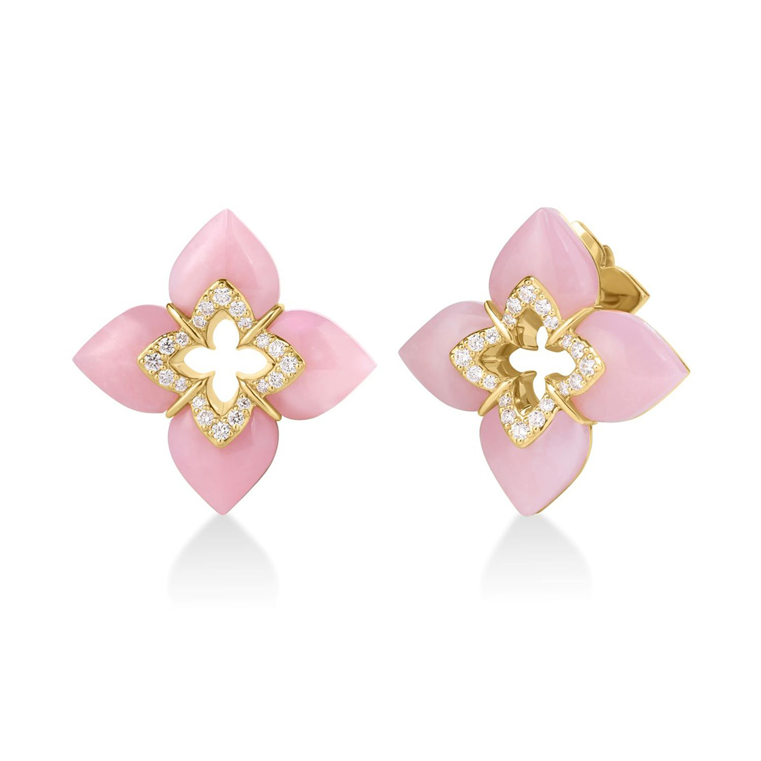 Roberto Coin 18K Yellow Gold Venetian Princess Pink Opel and Diamond Flower Earrings