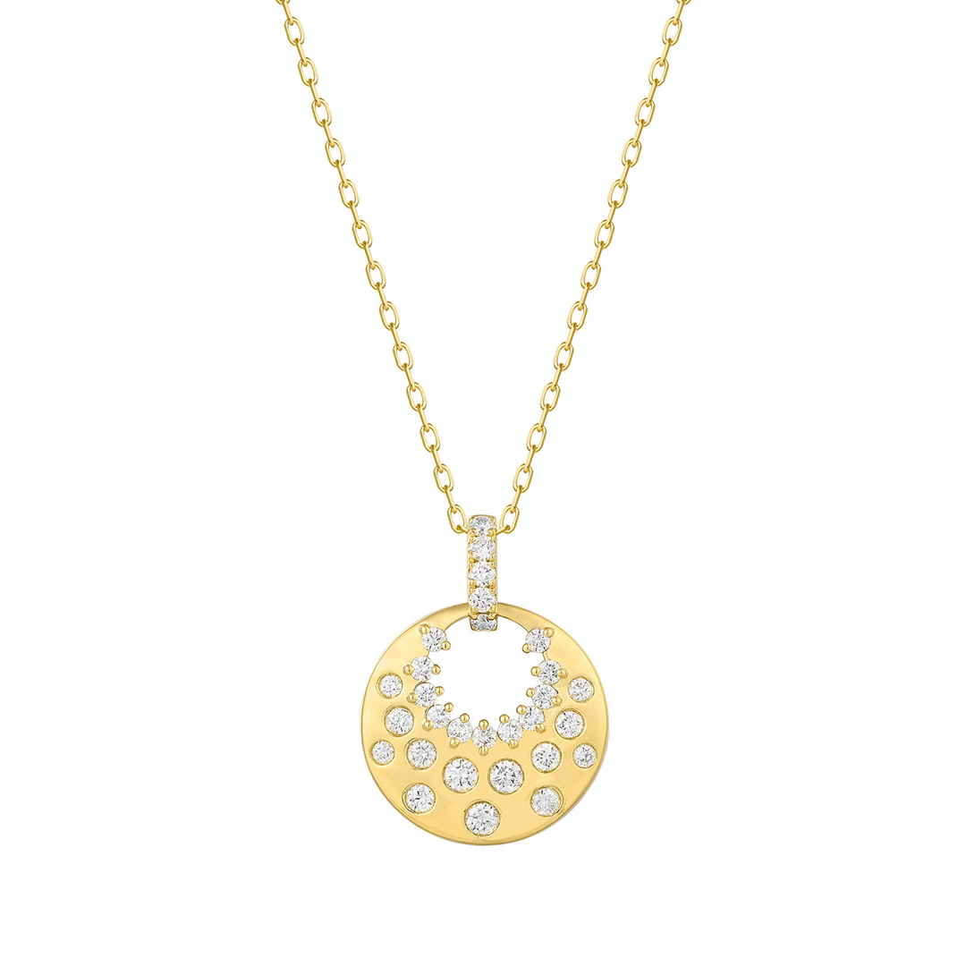 14K Yellow Gold Diamond Circle Moon Necklace