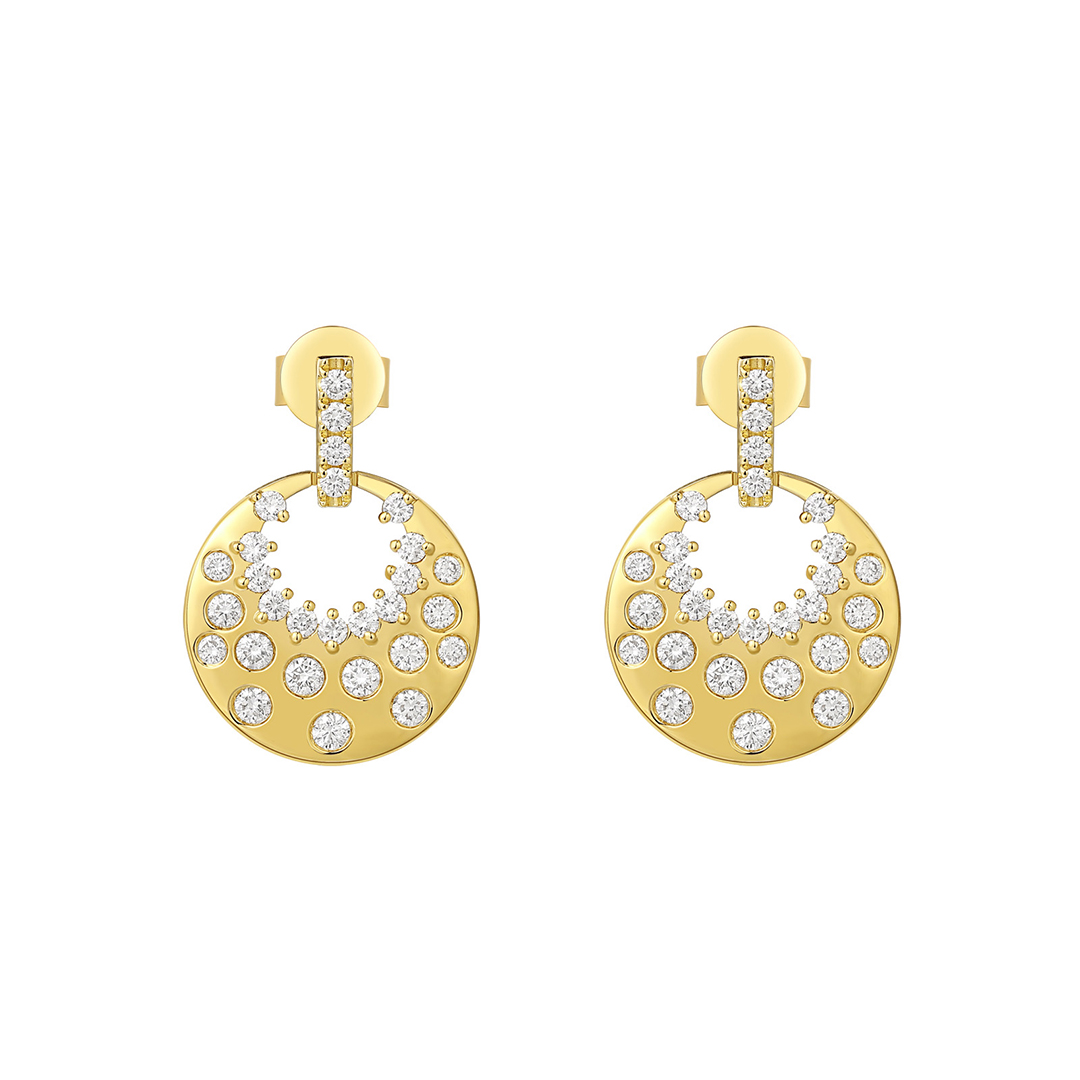 14K Yellow Gold Diamond Circle Moon Earrings