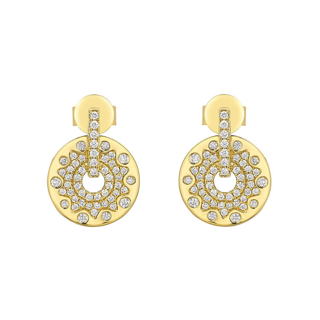 14K Yellow Gold Diamond Circle Drop Earrings