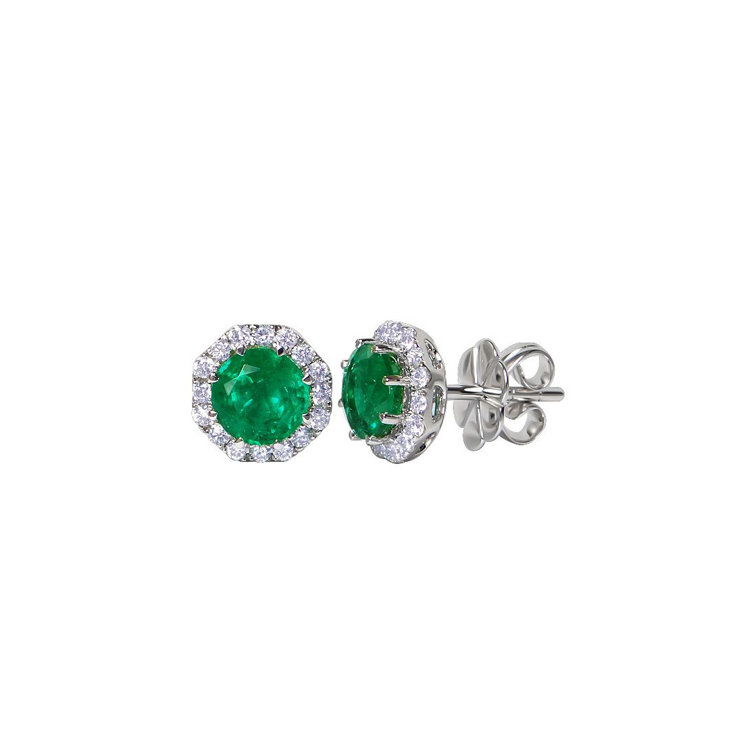 18K White Gold Emerald and Diamond Halo Earrings