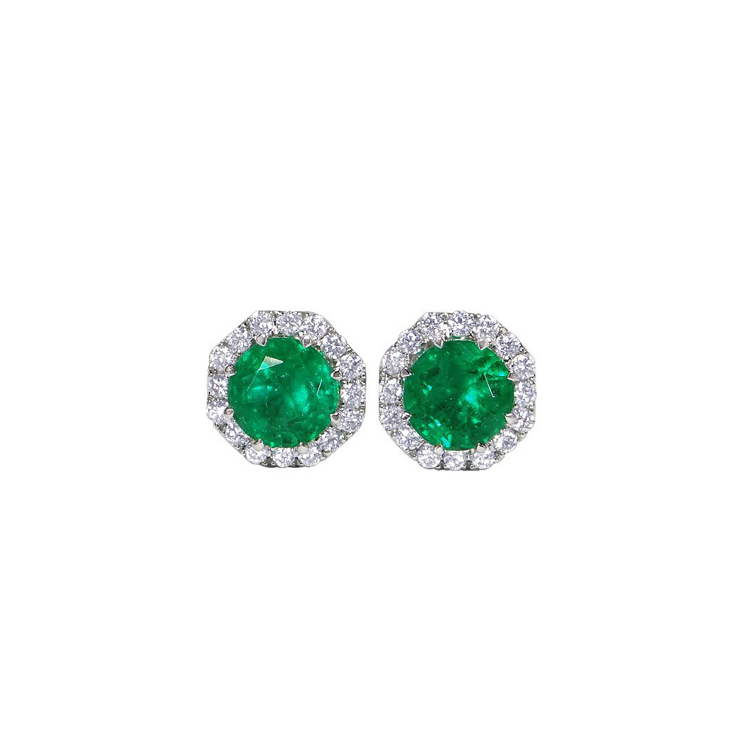 18K White Gold Emerald and Diamond Halo Earrings