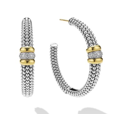 Two-Tone Large Caviar Beaded Diamond Hoop Earrings
