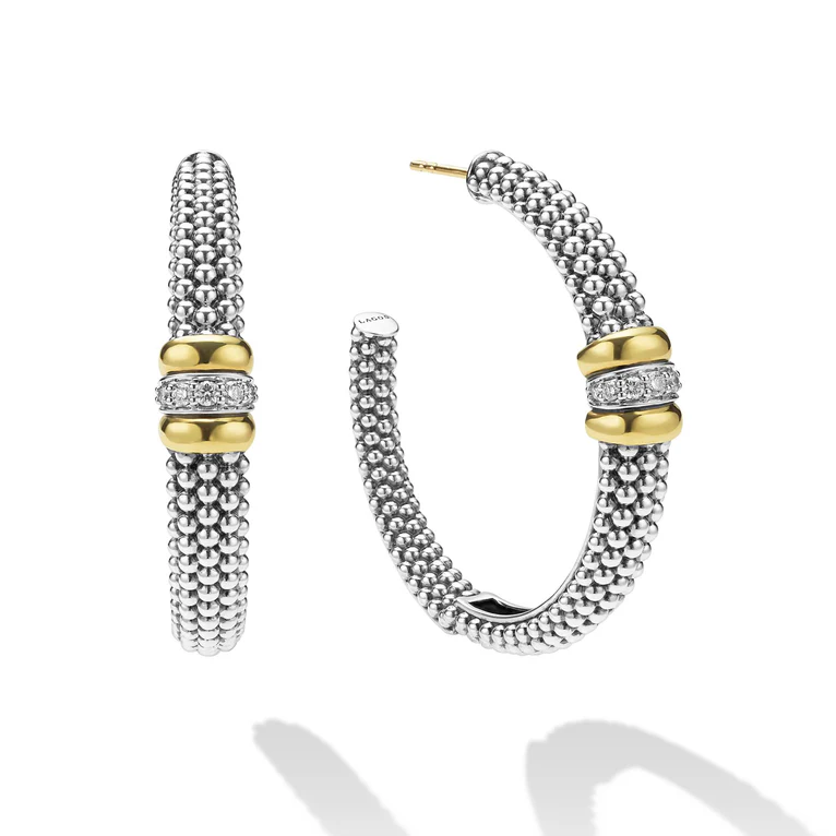 Two-Tone Large Caviar Beaded Diamond Hoop Earrings