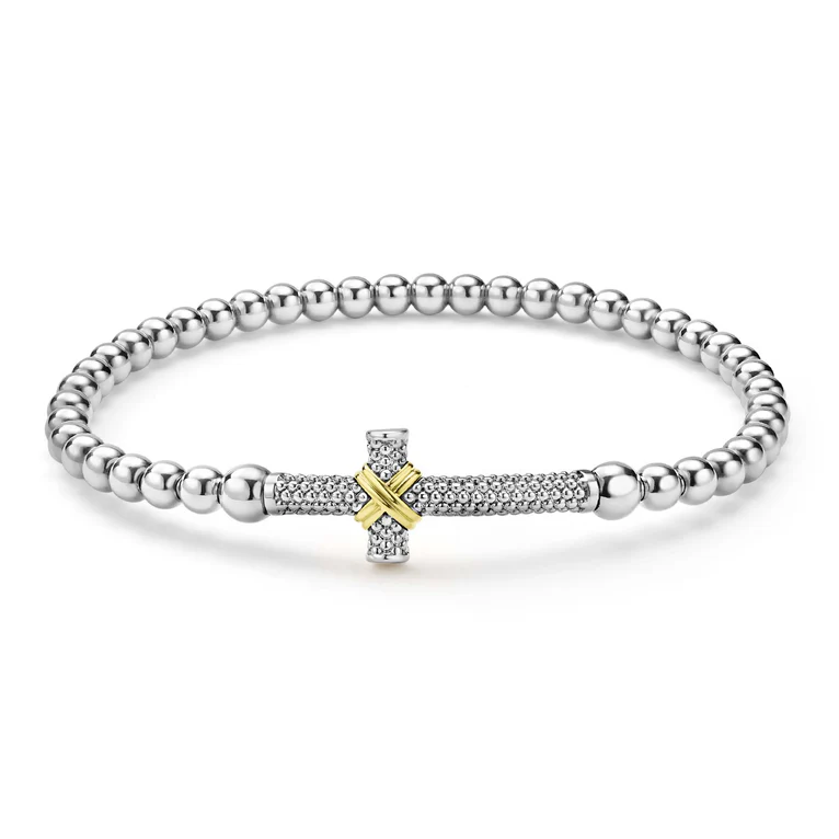 LAGOS Sterling Silver and 18K Yellow Gold Signature Caviar Cross Stretch Bracelet