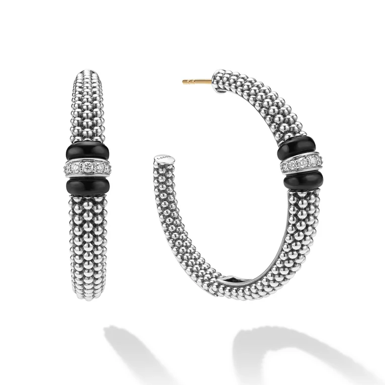 LAGOS Sterling Silver and Black Ceramic Diamond Hoop Earrings