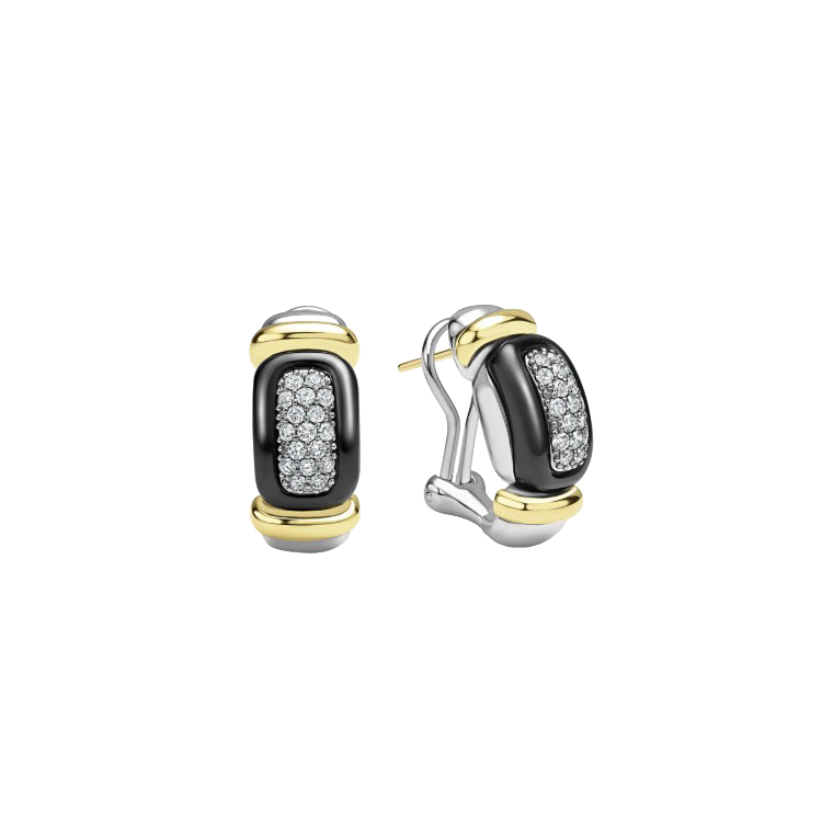 LAGOS Sterling Silver Black Ceramic and 18K Yellow Gold Diamond Hoop Earrings