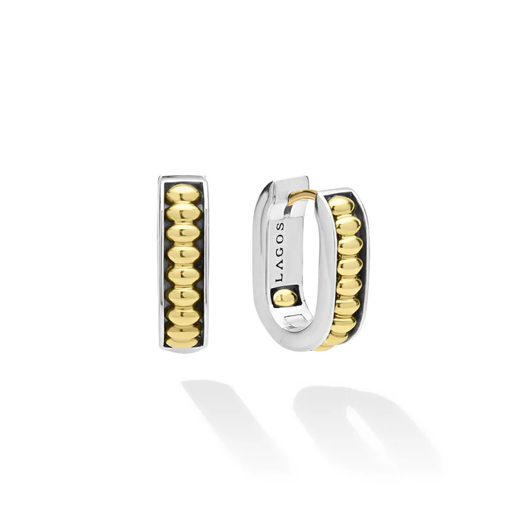 LAGOS Sterling Silver Black Ceramic and 18K Yellow Gold Diamond Hoop Earrings - 01-82160-CB