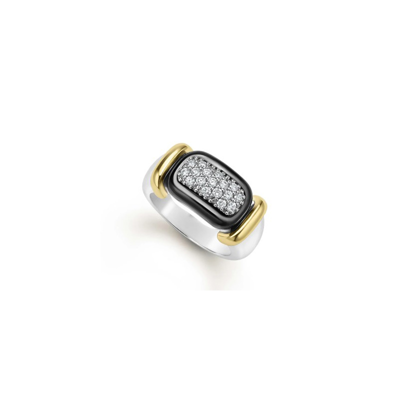 LAGOS Sterling Silver and 18K Yellow Gold Black Caviar Diamond Ring