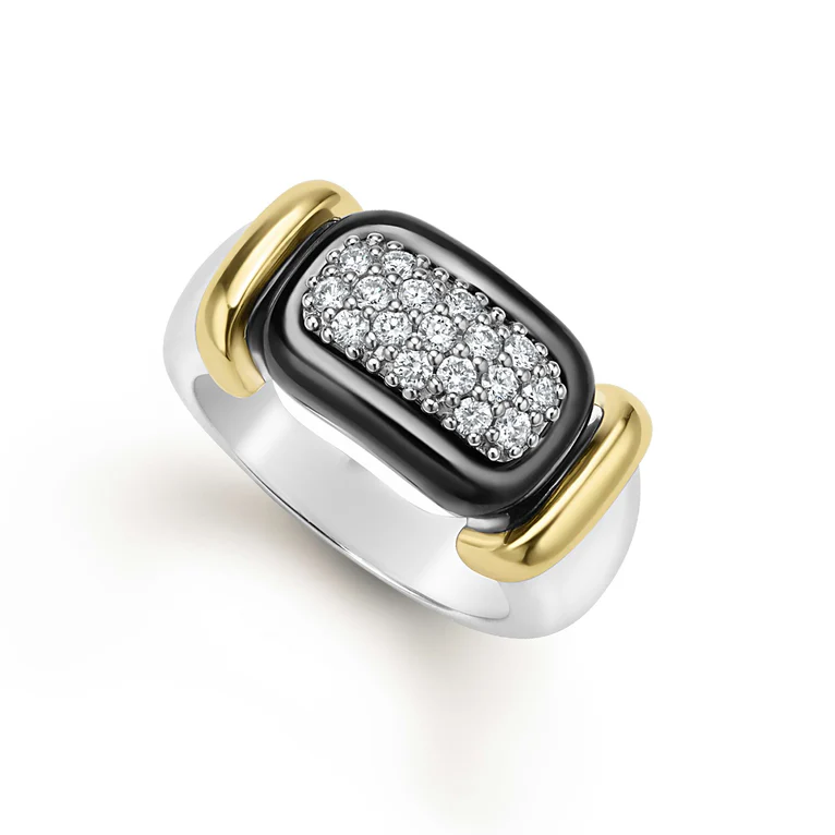 LAGOS Sterling Silver and 18K Yellow Gold Black Caviar Diamond Ring - 02-80827-CB7