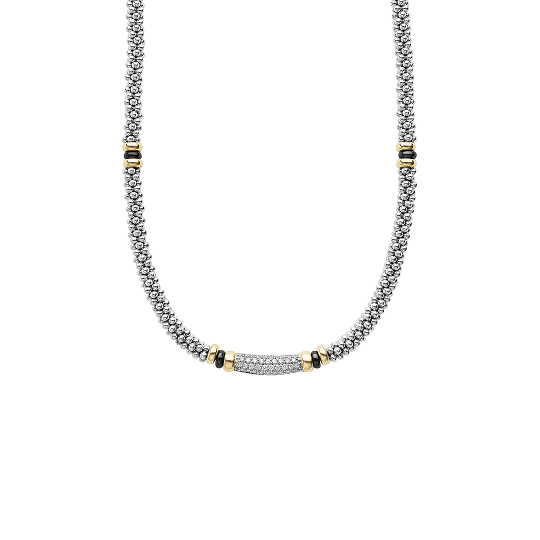 LAGOS Sterling Silver Black Ceramic and 18K Yellow Gold Diamond Necklace