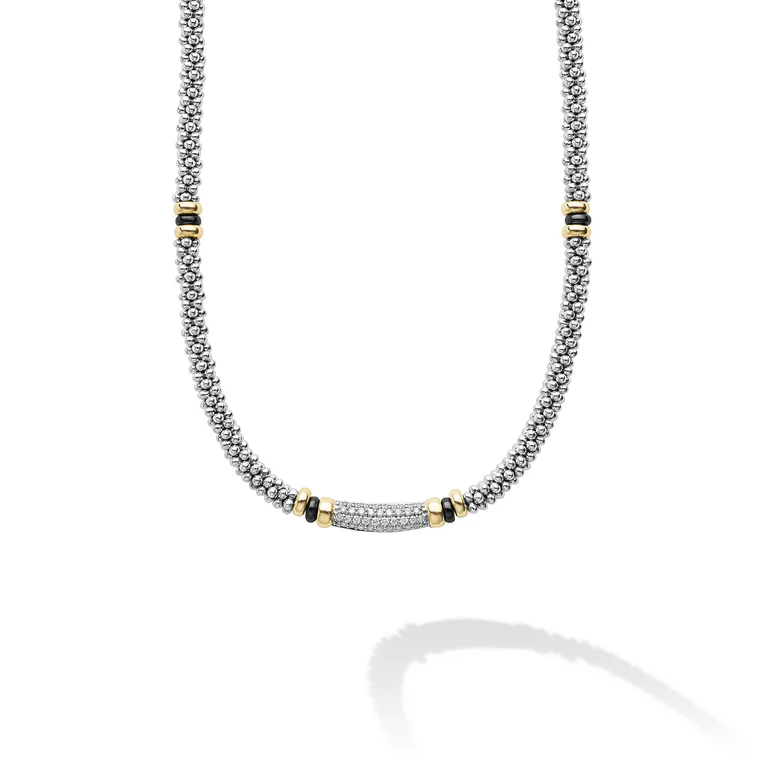 LAGOS Sterling Silver Black Ceramic and 18K Yellow Gold Diamond Necklace - 04-81294-CB16
