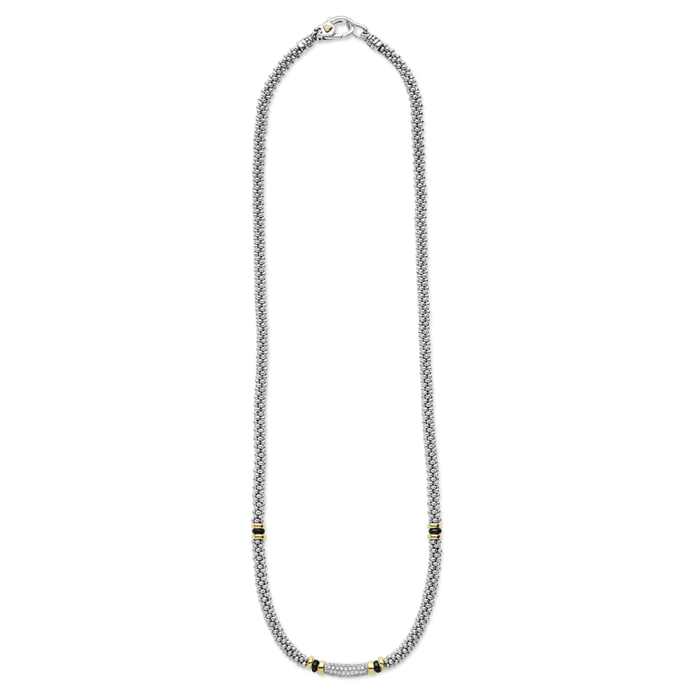 LAGOS Sterling Silver Black Ceramic and 18K Yellow Gold Diamond Necklace