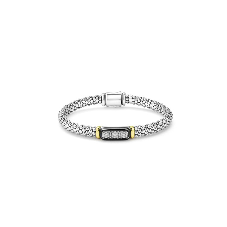 LAGOS Sterling Silver Black Ceramic and 18K Yellow Gold Diamond Bracelet