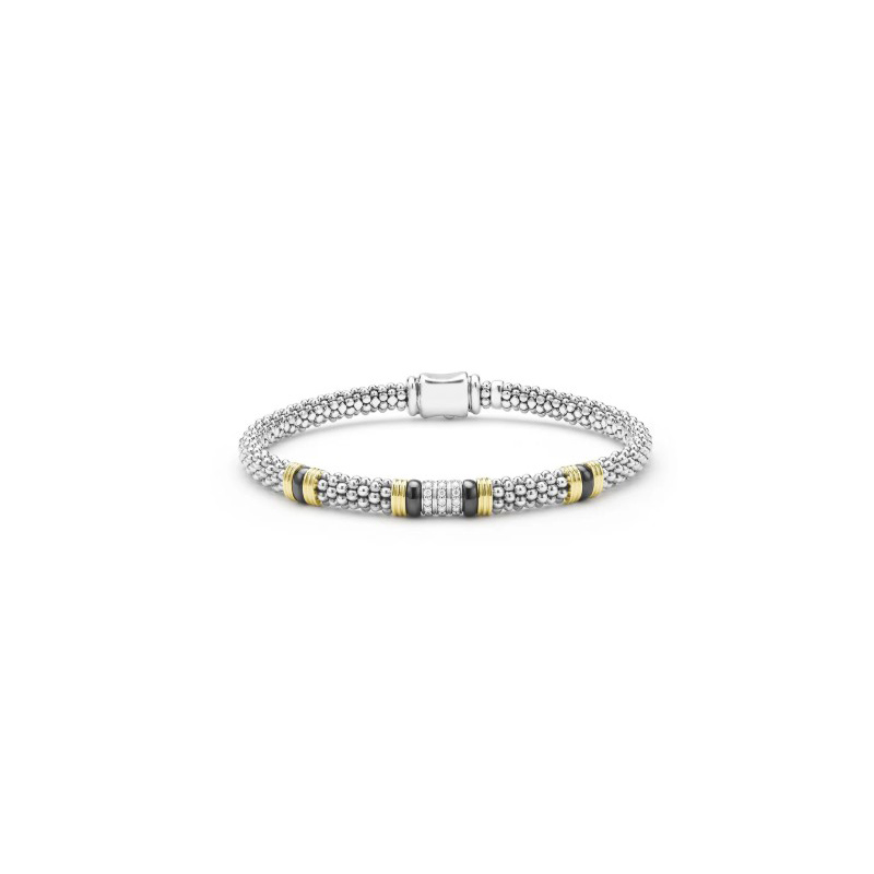 LAGOS Sterling Silver and 18K Yellow Gold Black Caviar Ceramic and Diamond Station Bracelet