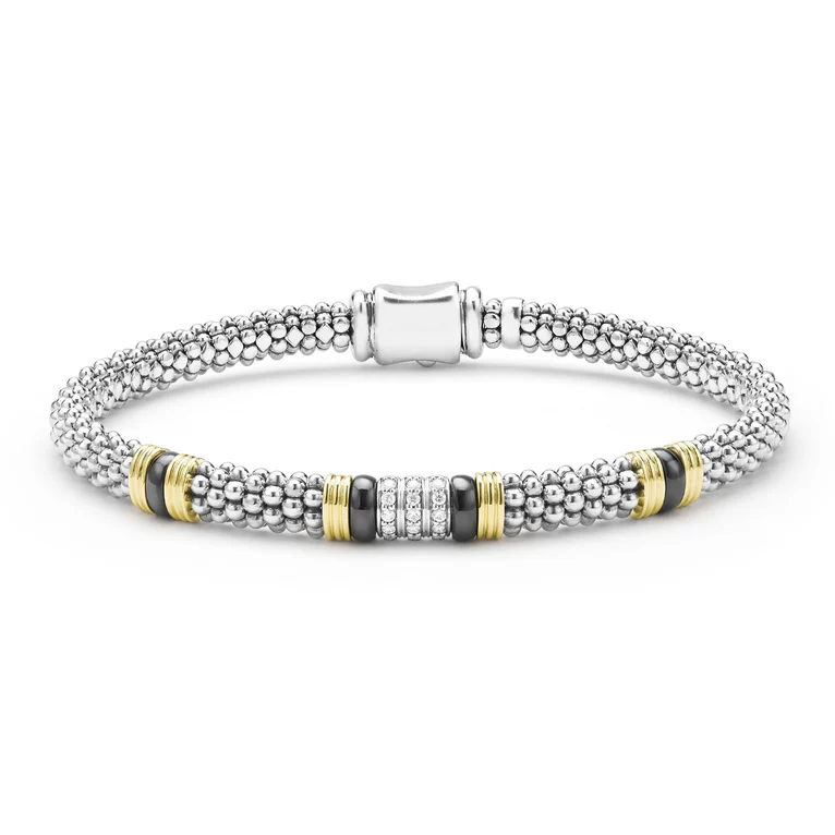 LAGOS Sterling Silver and 18K Yellow Gold Black Caviar Ceramic and Diamond Station Bracelet