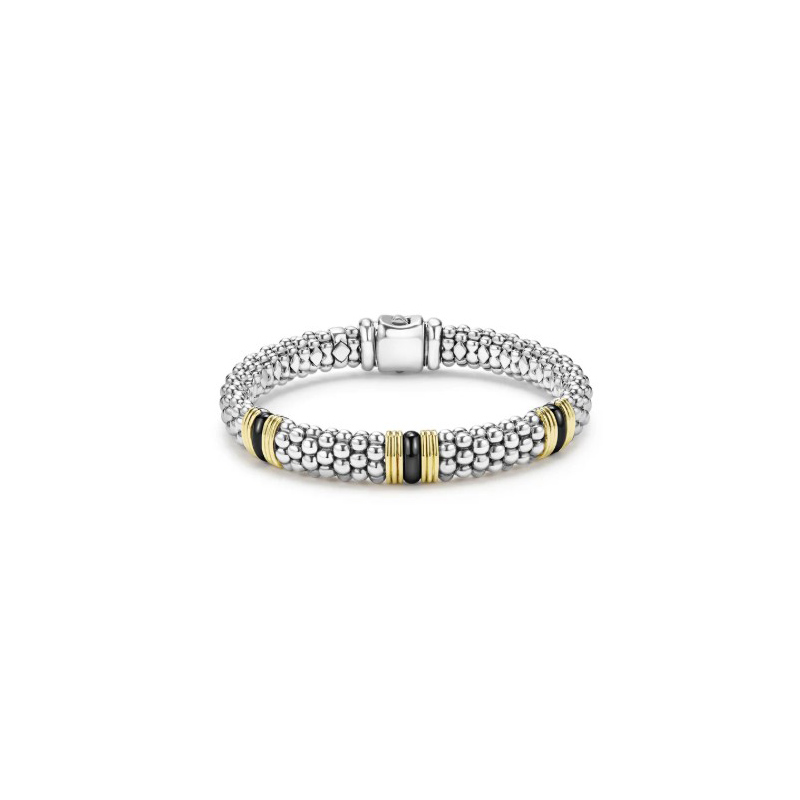 LAGOS Sterling Silver and 18K Yellow Gold Black Caviar Ceramic Station Bracelet