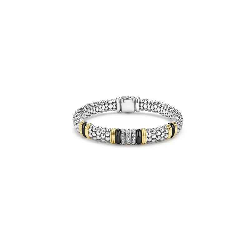LAGOS Sterling Silver and 18K Yellow Gold Black Ceramic Diamond Station Bracelet