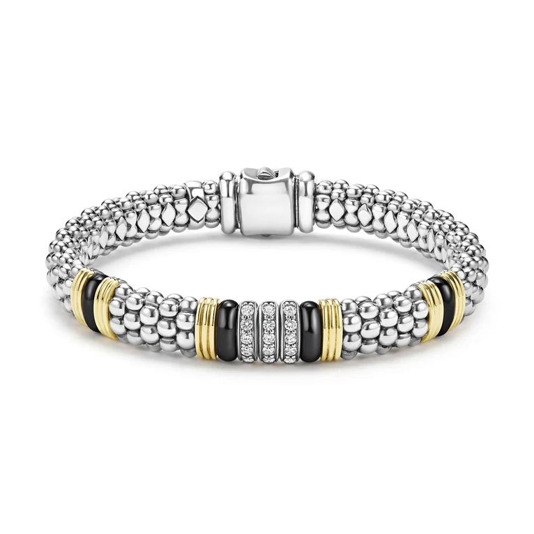 LAGOS Sterling Silver and 18K Yellow Gold Black Ceramic Diamond Station Bracelet