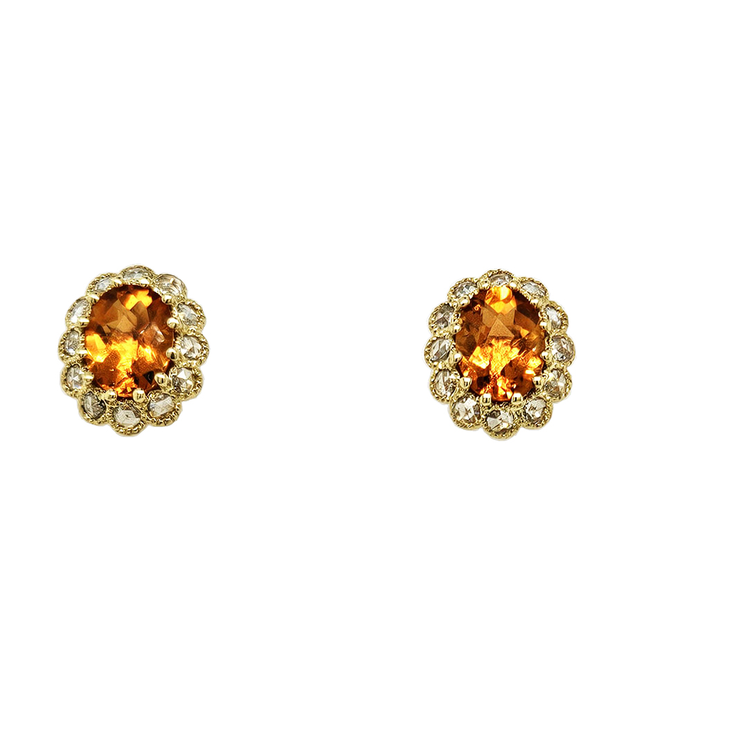 18K Yellow Gold Citrine and Diamond Stud Earrings