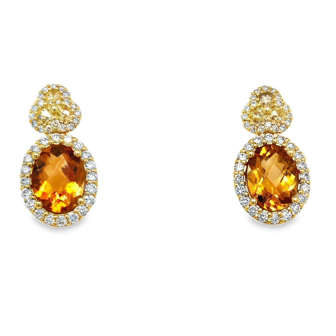 18K Yellow Gold Citrine and Diamond Drop Earrings