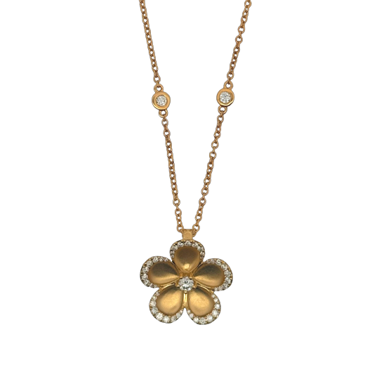 18K Yellow Gold Diamond Satin Flower Necklace