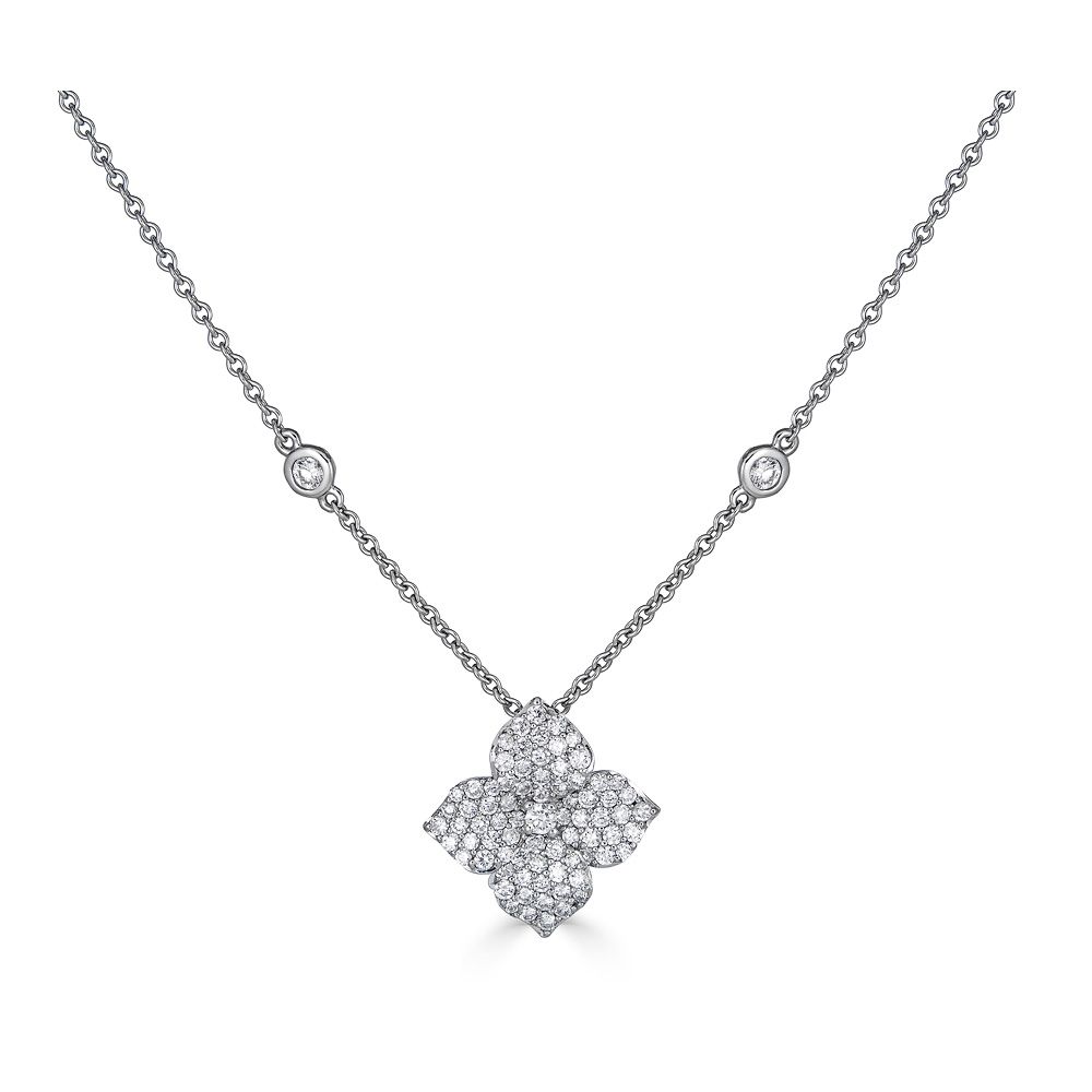 18K White Gold Small Pave Diamond Flower Necklace - P1428-74