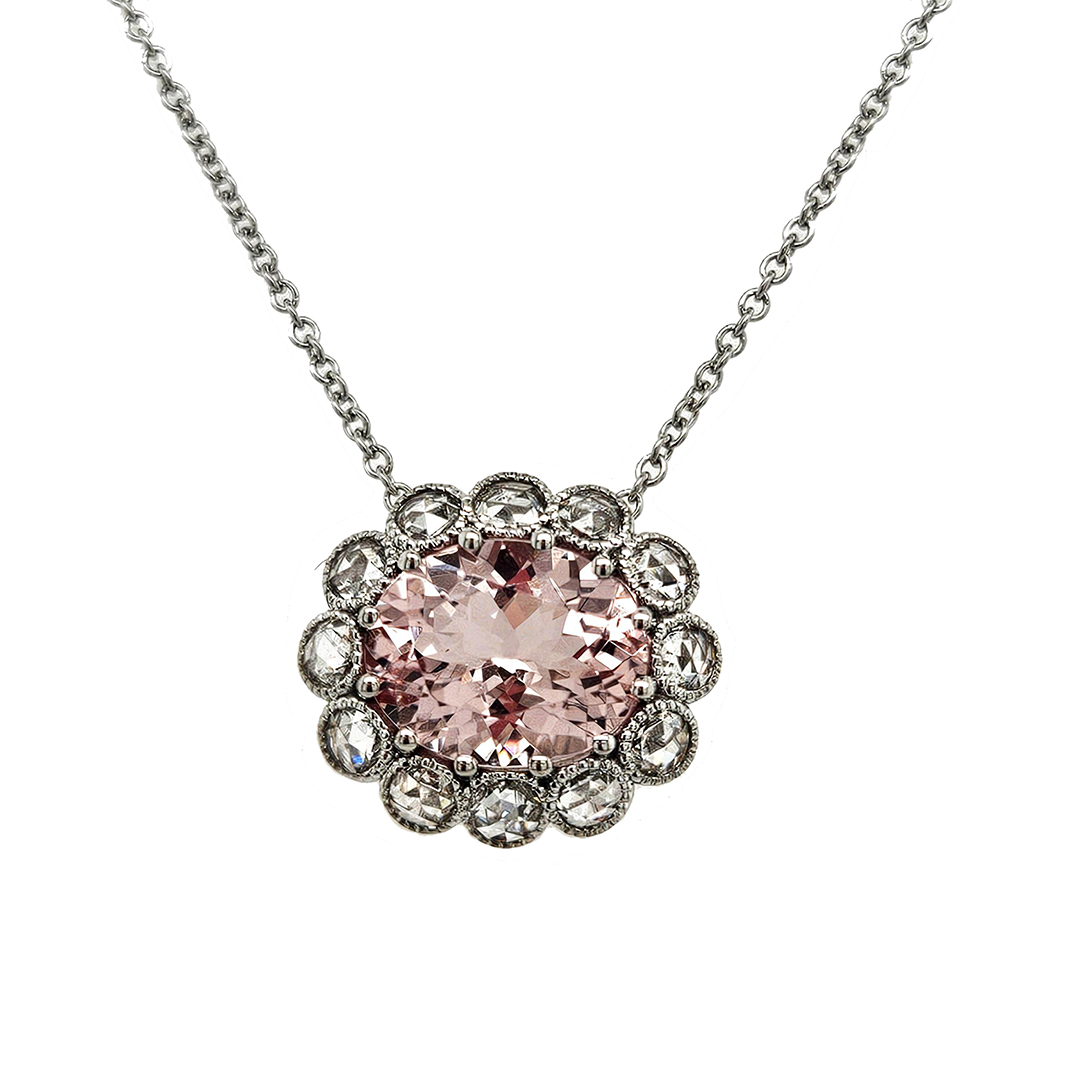 18K White Gold Morganite and Diamond Pendant Necklace
