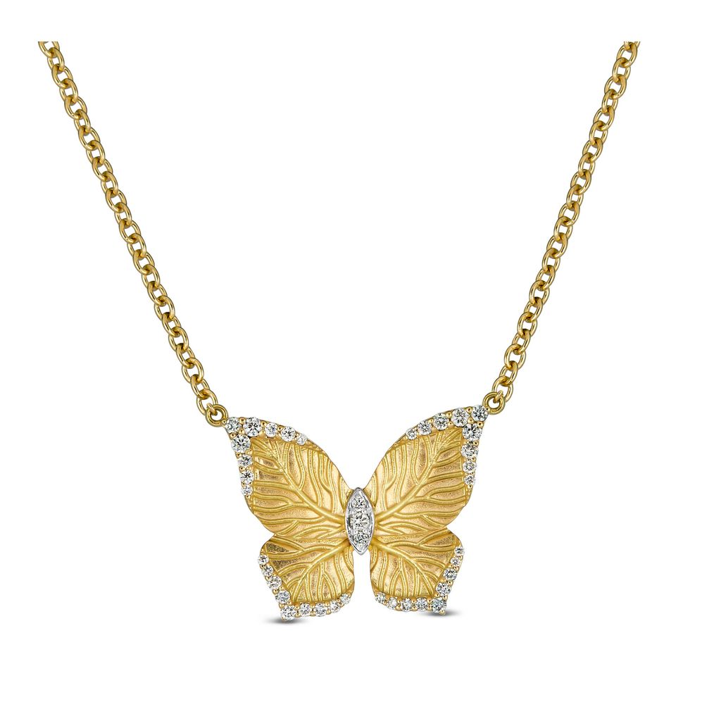 18K Yellow Gold Diamond Butterfly Necklace