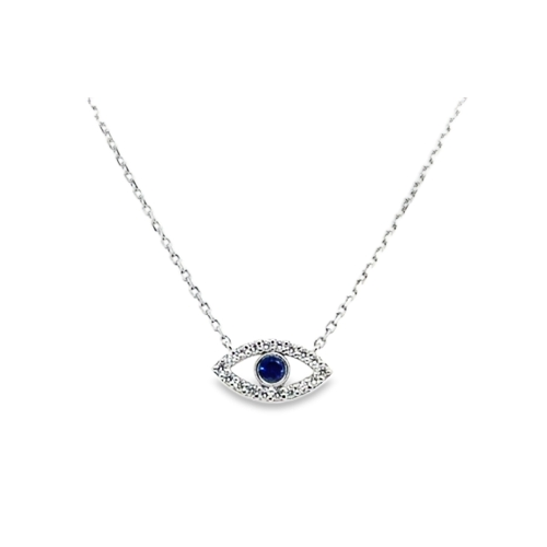 14K White Gold Diamond and Sapphire Evil Eye Pendant Necklace