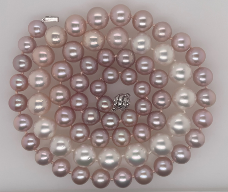 14K White Gold Diamond and Pink Ombre Freshwater Pearl Necklace