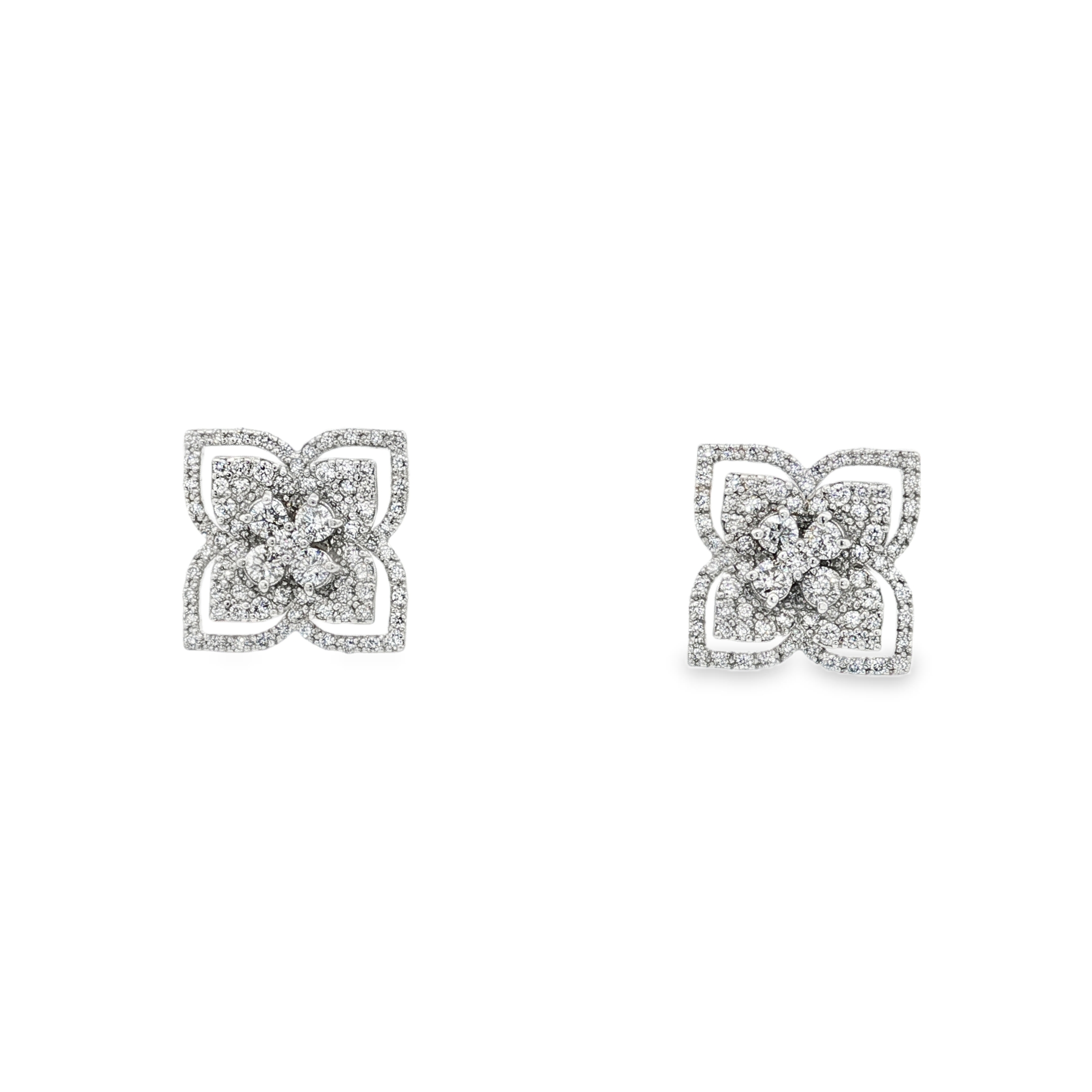 14K White Gold Diamond Clover Stud Earrings