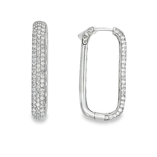 14K White Gold Diamond Rectangle Hoop Earrings - 6571