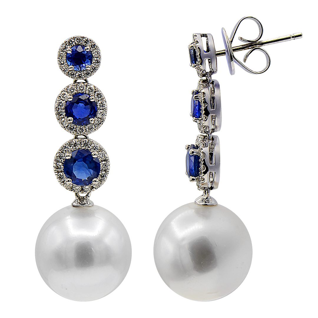 18K White Gold Pearl Sapphire and Diamond Earrings