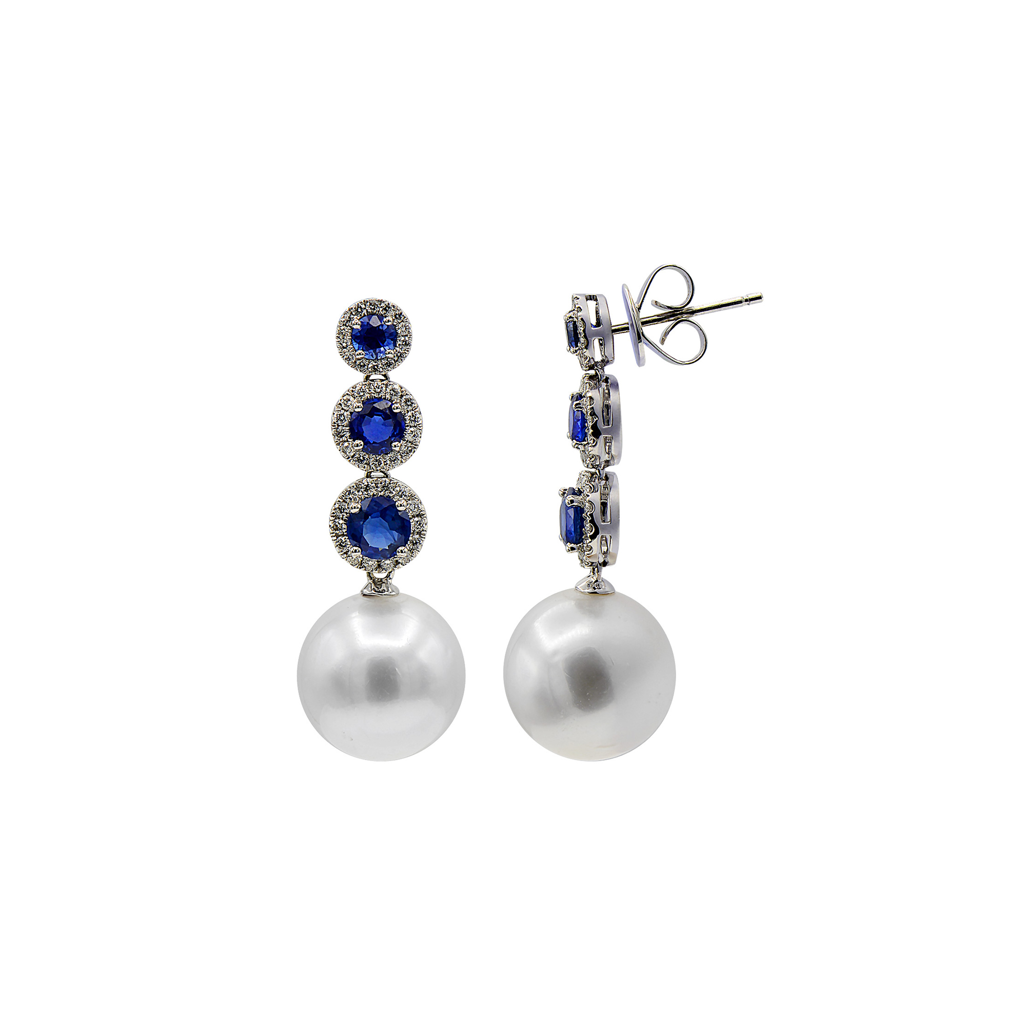18K White Gold Pearl Sapphire and Diamond Earrings