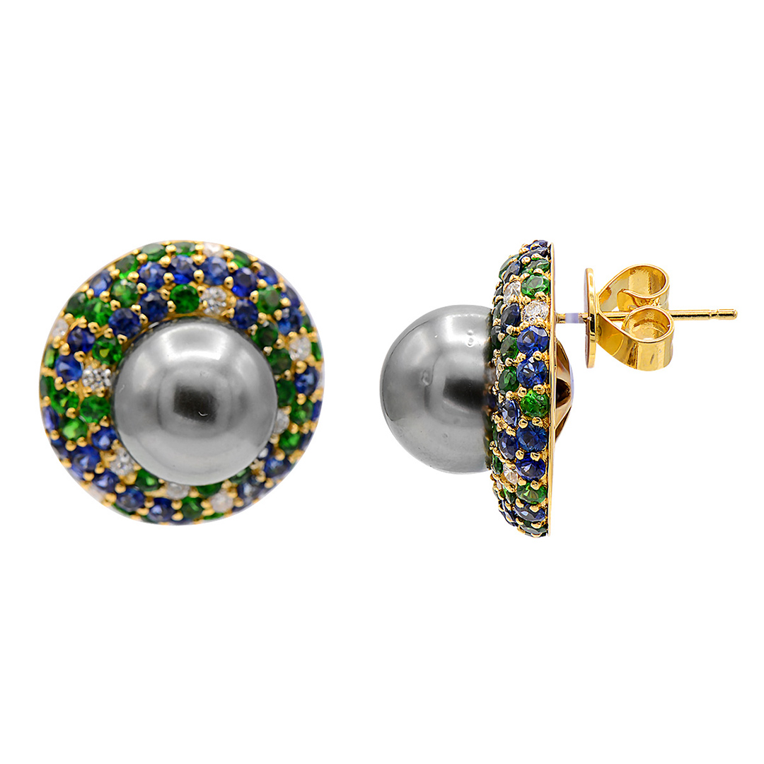18K Yellow Gold Pearl Sapphire Tsavorite and Diamond Earrings