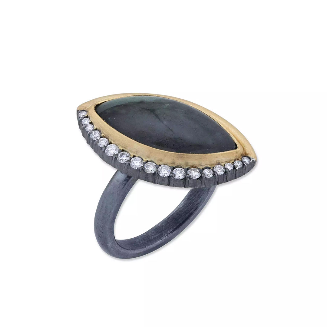 Lika Behar Oxidized Sterling Silver and 22K Yellow Gold Labradorite and Diamond Ring