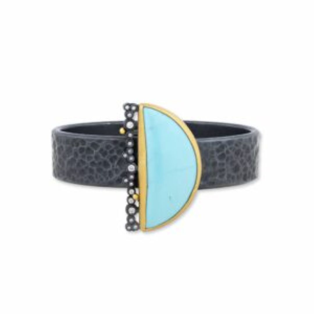 Like Behar Oxidized Sterling Silver and 24K Yellow Gold Turquoise and Diamond Bracelet