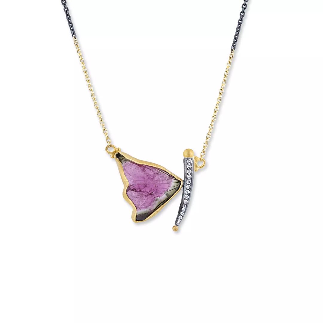 Lika Behar Ozidized Sterling Silver and 24K Yellow Gold Tourmaline and Diamond Butterfly Necklace
