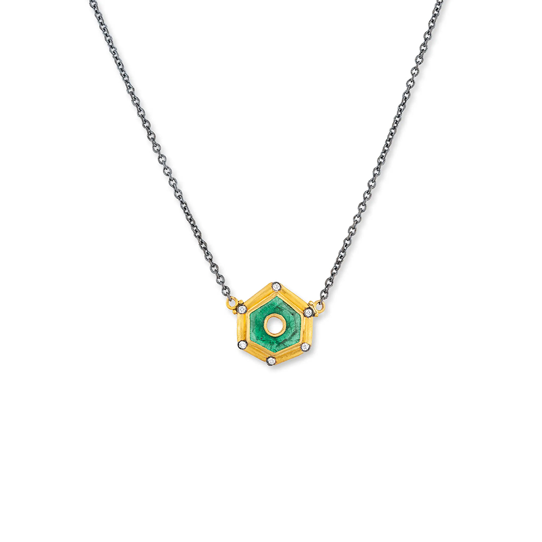 Lika Behar Oxidized Sterling Silver and 24K Yellow Gold Emerald and Diamond Necklace