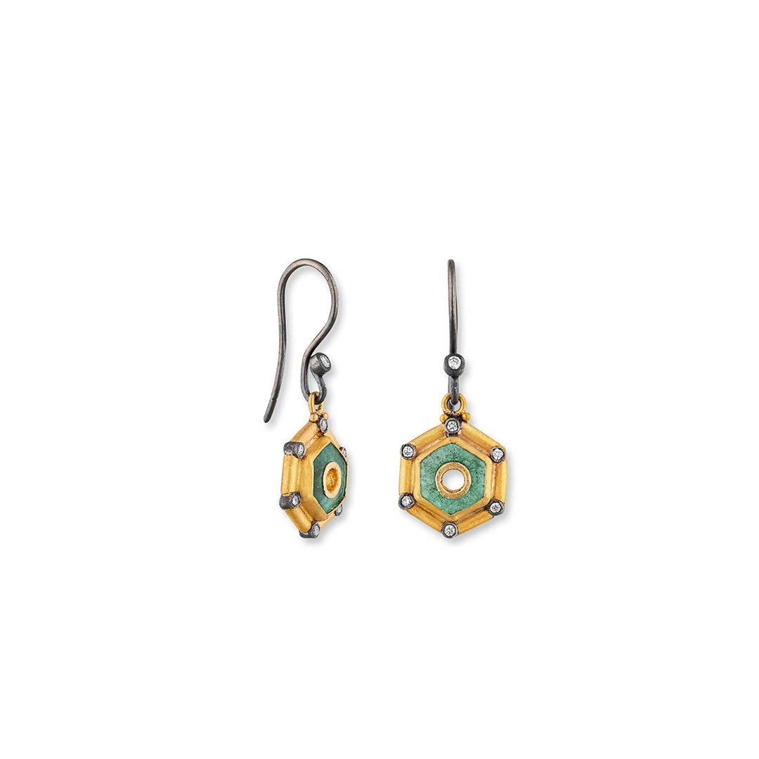 Lika Behar Oxidized Sterling Silver and 24K Yellow Gold Emerald and Diamond Earrings