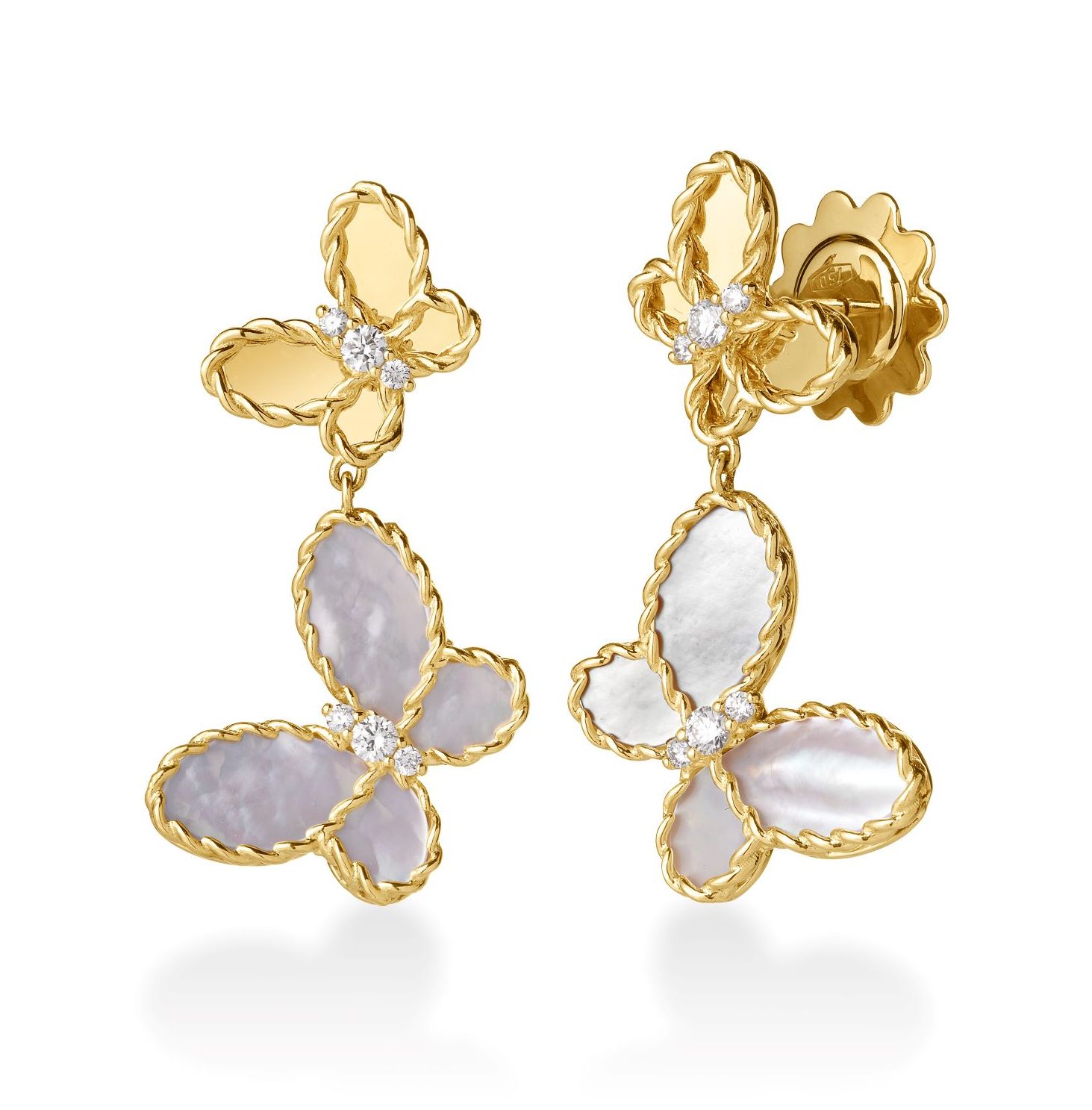 18K YELLOW GOLD JASMINE DIAMOND & MOTHER OF PEARL BUTTERFLY DANGLE EARRINGS