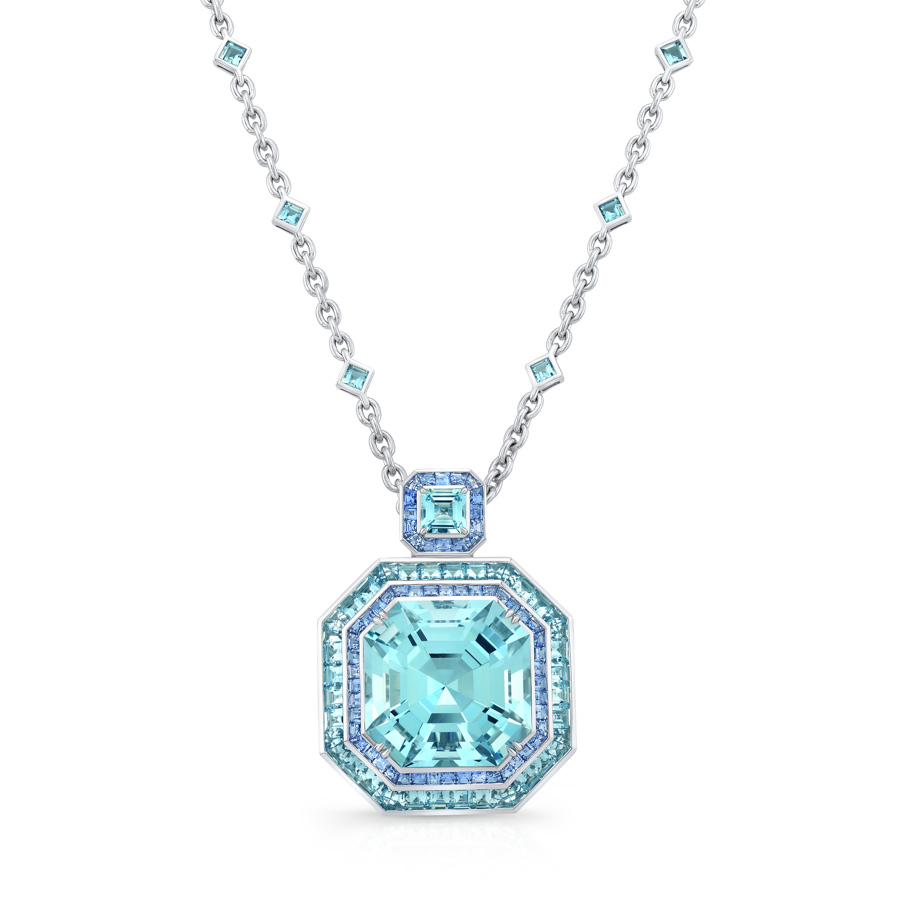 Robert Procop Platinum Aquamarine Diamond and Sapphire Necklace itemprop=