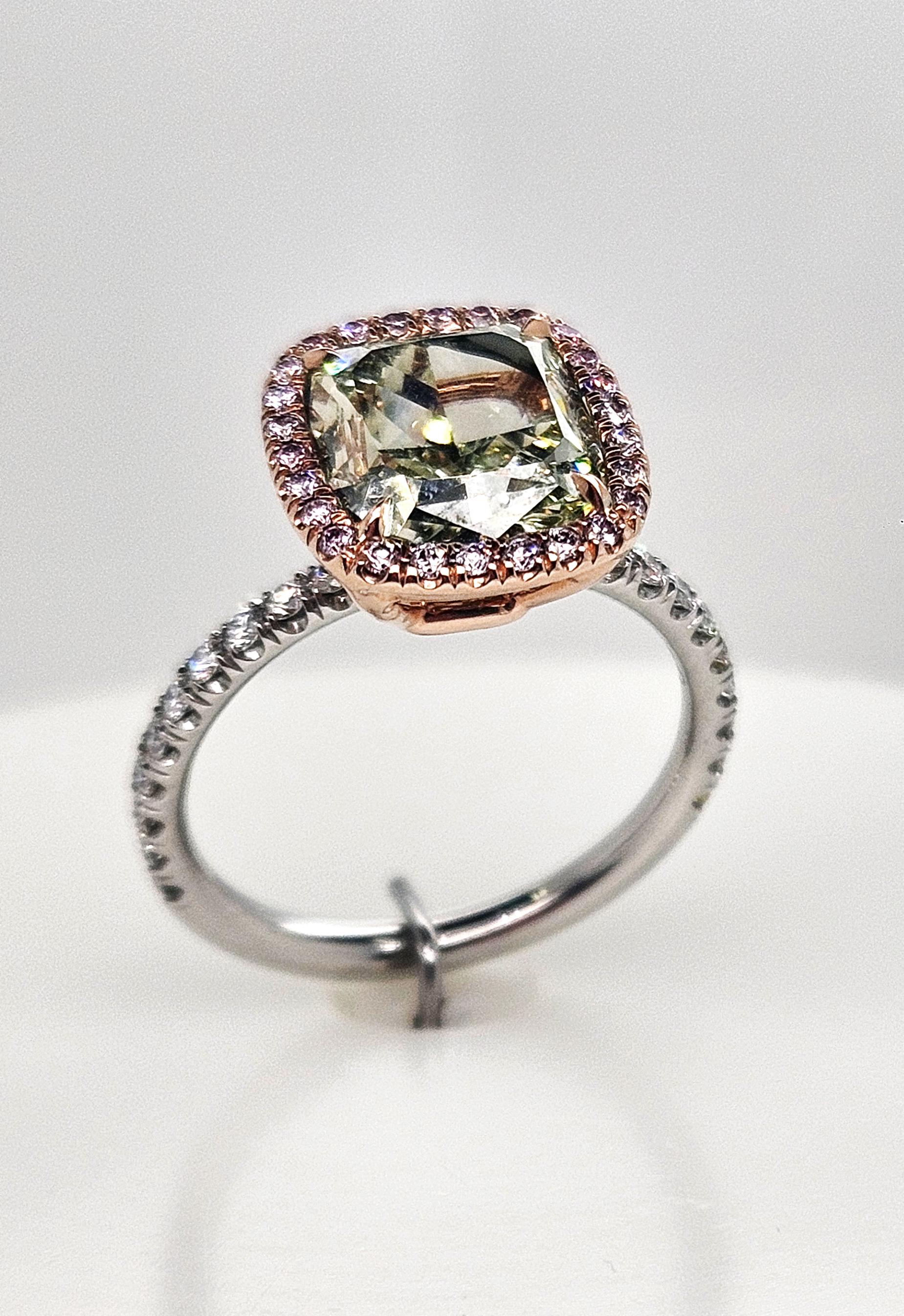14K White Gold One-of-a-Kind Green and Pink Diamond Ring - 10103